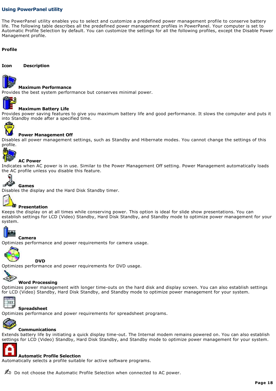 Using powerpanel utility | Sony PCG-GRZ610 User Manual | Page 18 / 164