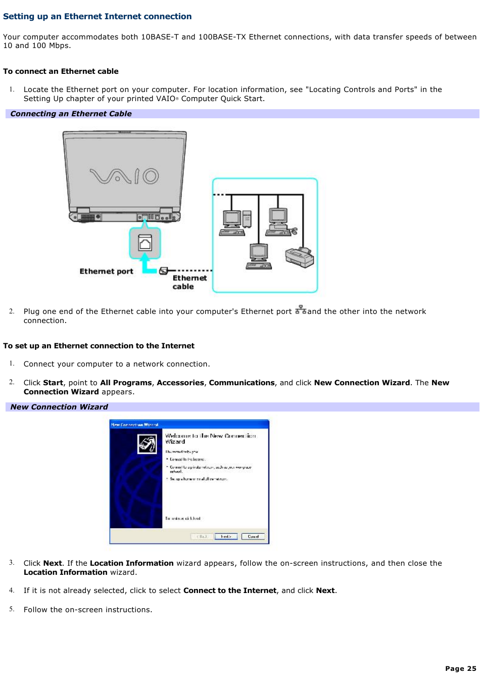 Setting up an ethernet internet connection | Sony PCG-GRZ610 User Manual | Page 25 / 164