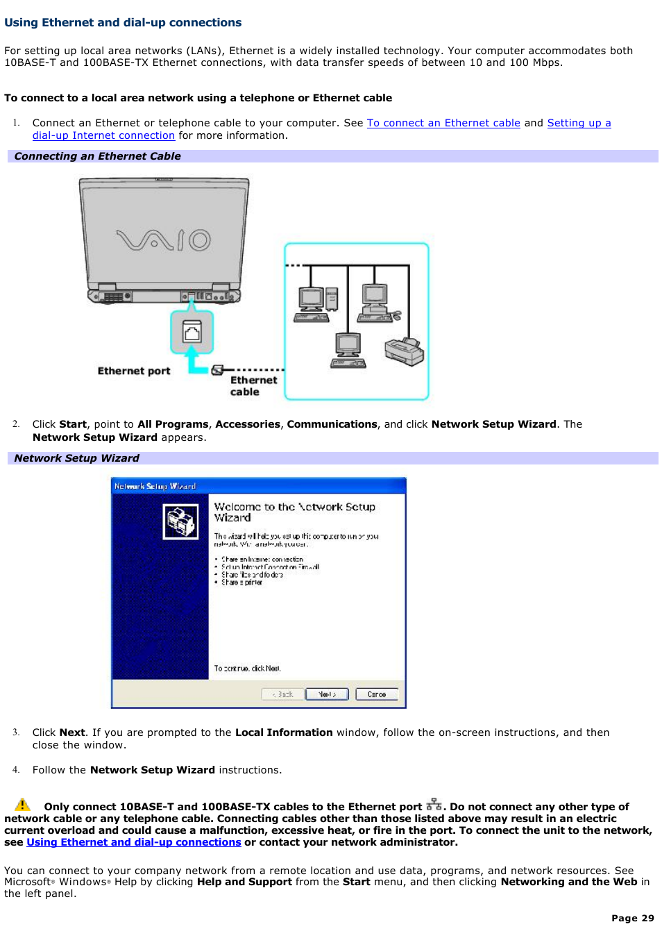 Using ethernet and dial-up connections | Sony PCG-GRZ610 User Manual | Page 29 / 164