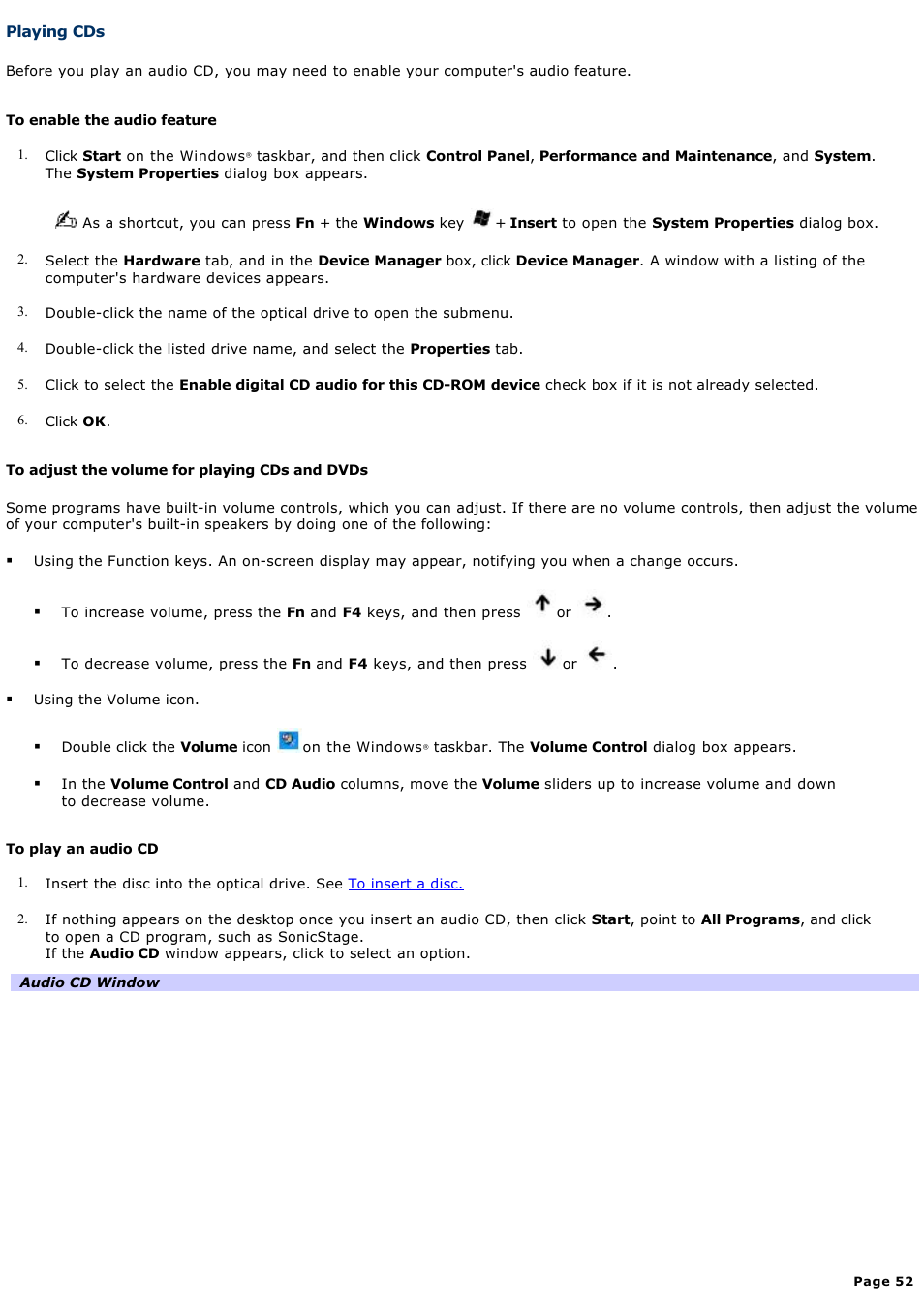 Playing cds | Sony PCG-GRZ610 User Manual | Page 52 / 164