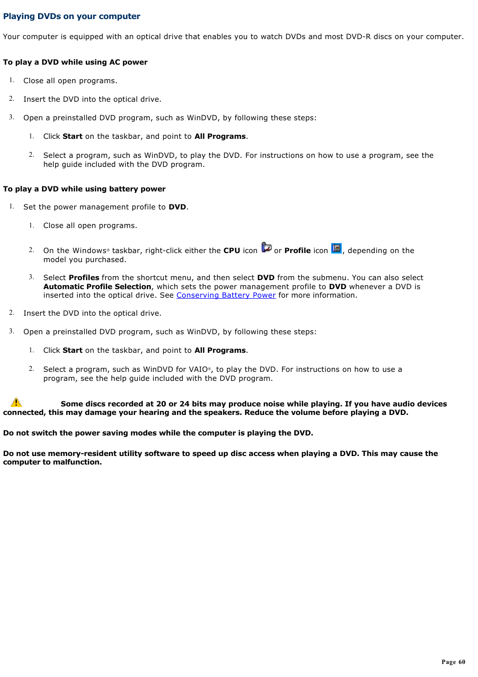 Playing dvds on your computer | Sony PCG-GRZ610 User Manual | Page 60 / 164