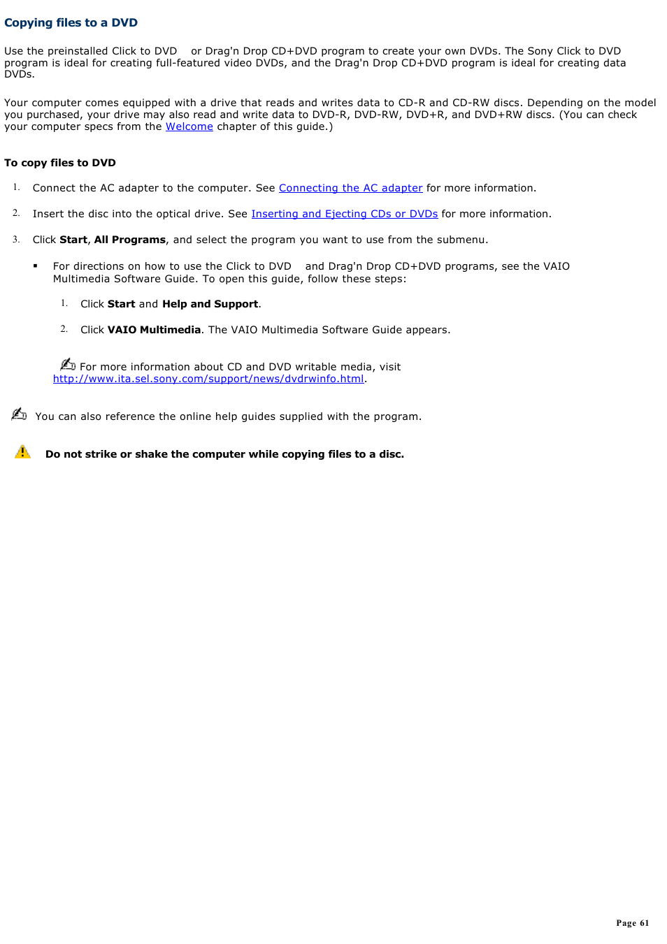 Copying files to a dvd | Sony PCG-GRZ610 User Manual | Page 61 / 164