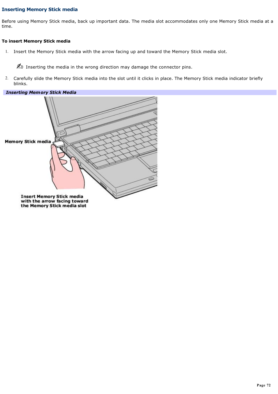 Inserting memory stick media | Sony PCG-GRZ610 User Manual | Page 72 / 164