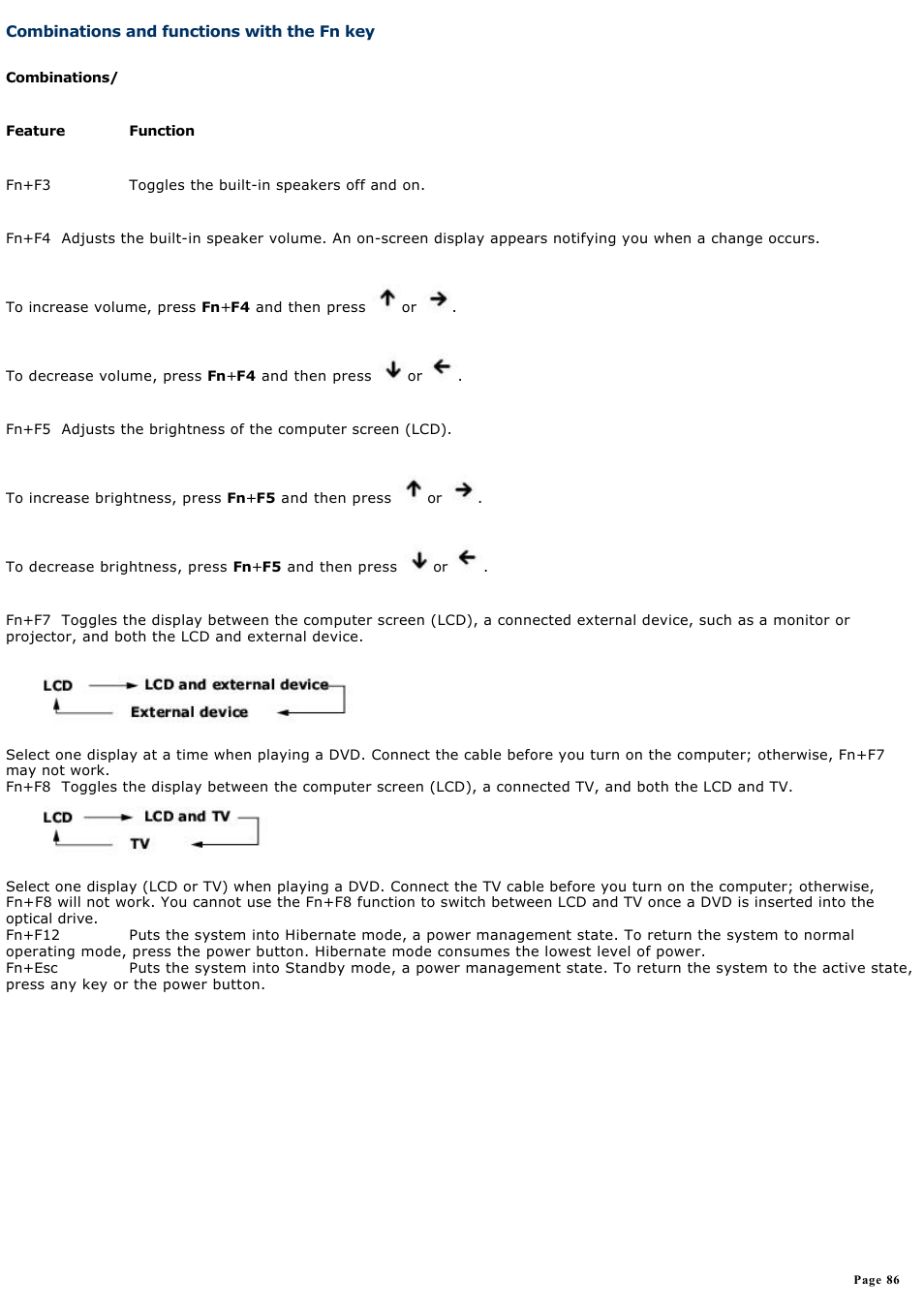 Combinations and functions with the fn key, Combinations and functions with, The fn key | Sony PCG-GRZ610 User Manual | Page 86 / 164