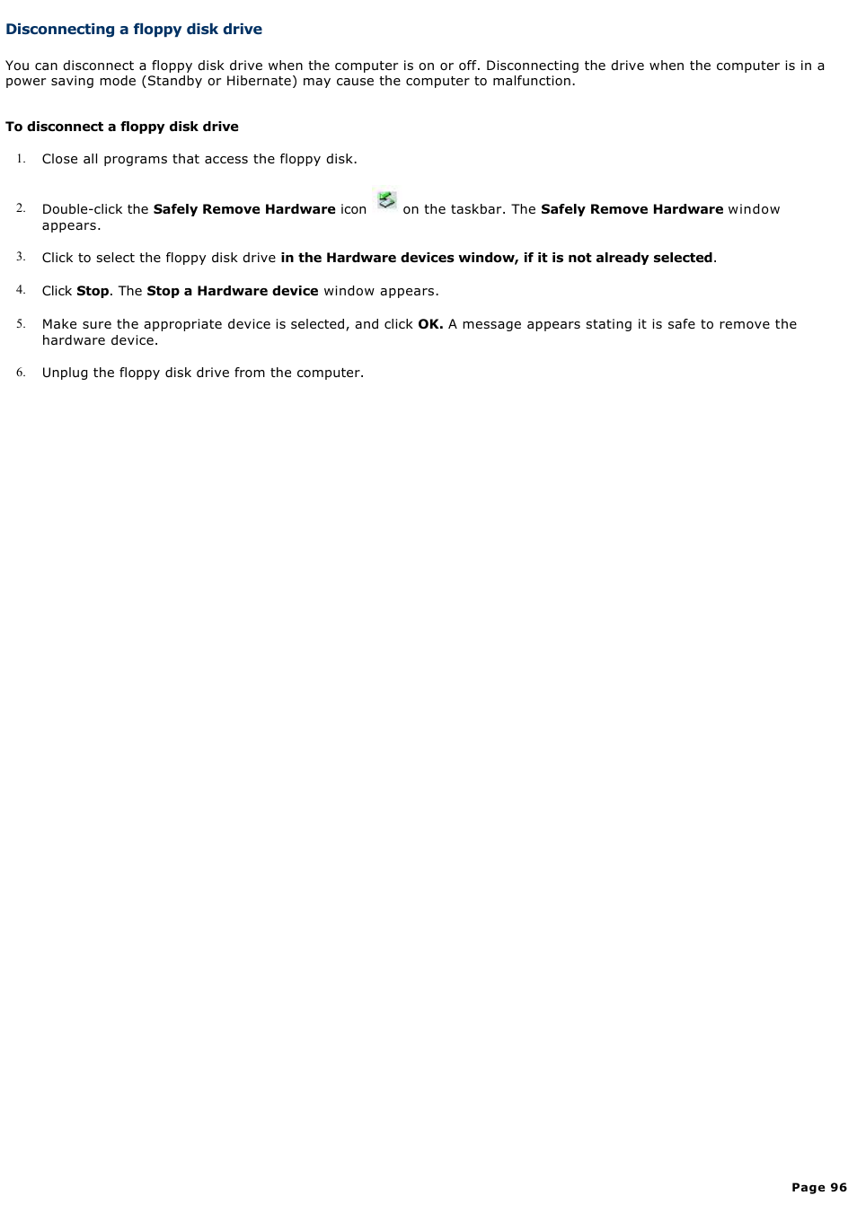 Disconnecting a floppy disk drive | Sony PCG-GRZ610 User Manual | Page 96 / 164