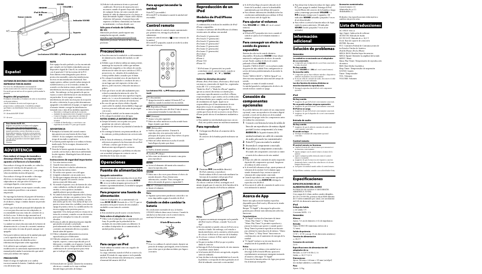 Español, Advertencia, Operaciones | Información adicional, Lista de traducciones, Precauciones, Fuente de alimentación, Control remoto, Reproducción de un ipod, Conexión de componentes opcionales | Sony RDP-X30iP User Manual | Page 2 / 2