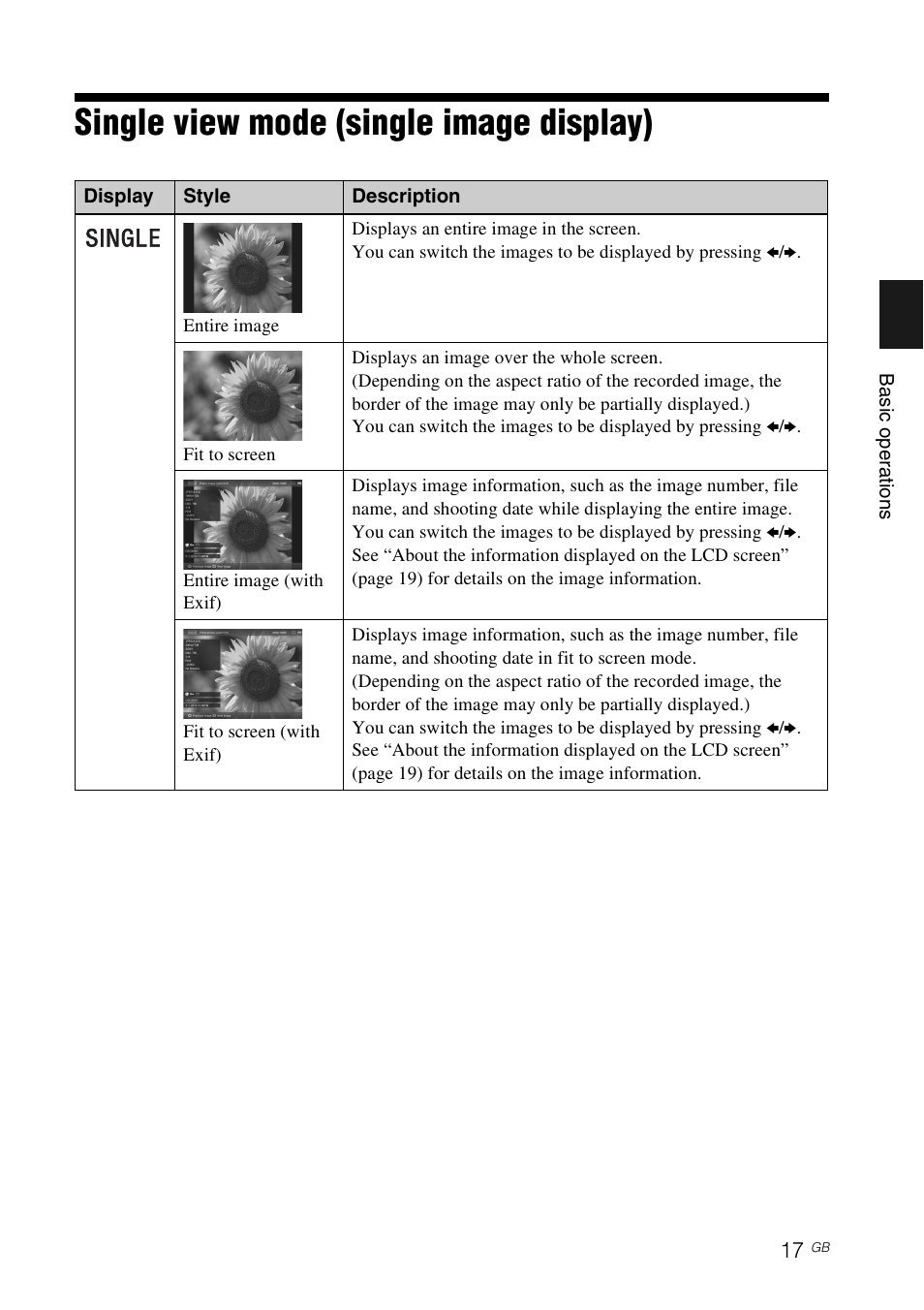 Single view mode (single image display) | Sony DPF-D830 User Manual | Page 17 / 54