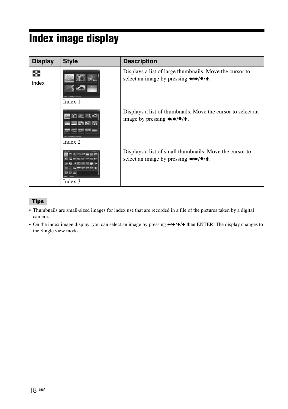 Index image display | Sony DPF-D830 User Manual | Page 18 / 54