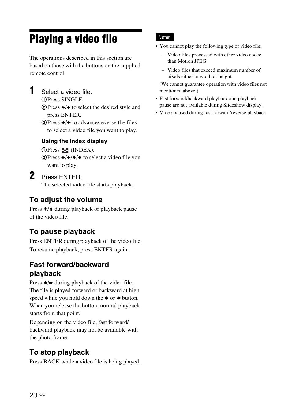Playing a video file, Fast forward/backward playback | Sony DPF-D830 User Manual | Page 20 / 54