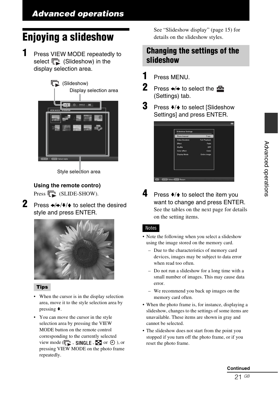 Advanced operations, Enjoying a slideshow, Changing the settings of the slideshow | Sony DPF-D830 User Manual | Page 21 / 54