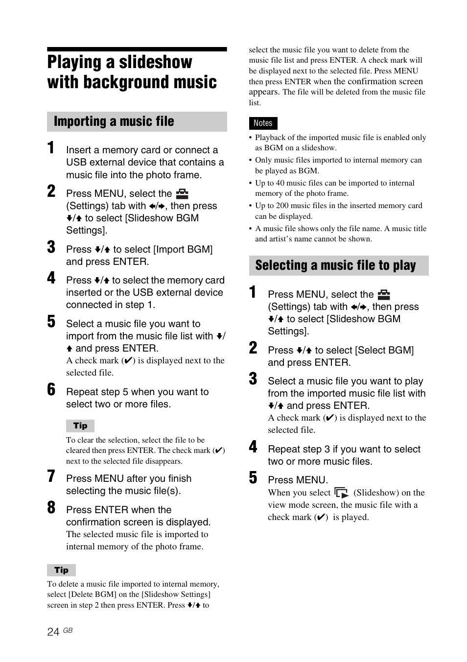 Playing a slideshow with background music, Importing a music file, Selecting a music file to play | Sony DPF-D830 User Manual | Page 24 / 54