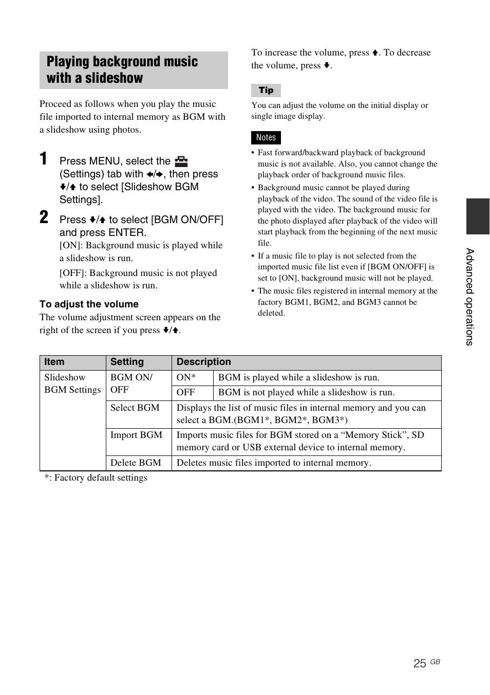 Playing background music with a slideshow | Sony DPF-D830 User Manual | Page 25 / 54