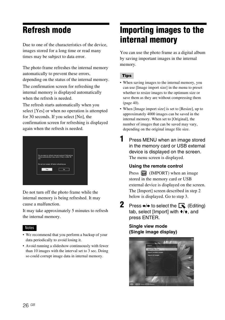 Refresh mode, Importing images to the internal memory | Sony DPF-D830 User Manual | Page 26 / 54