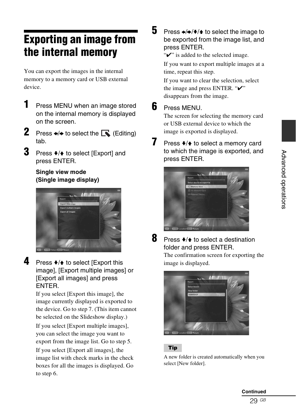 Exporting an image from the internal memory | Sony DPF-D830 User Manual | Page 29 / 54