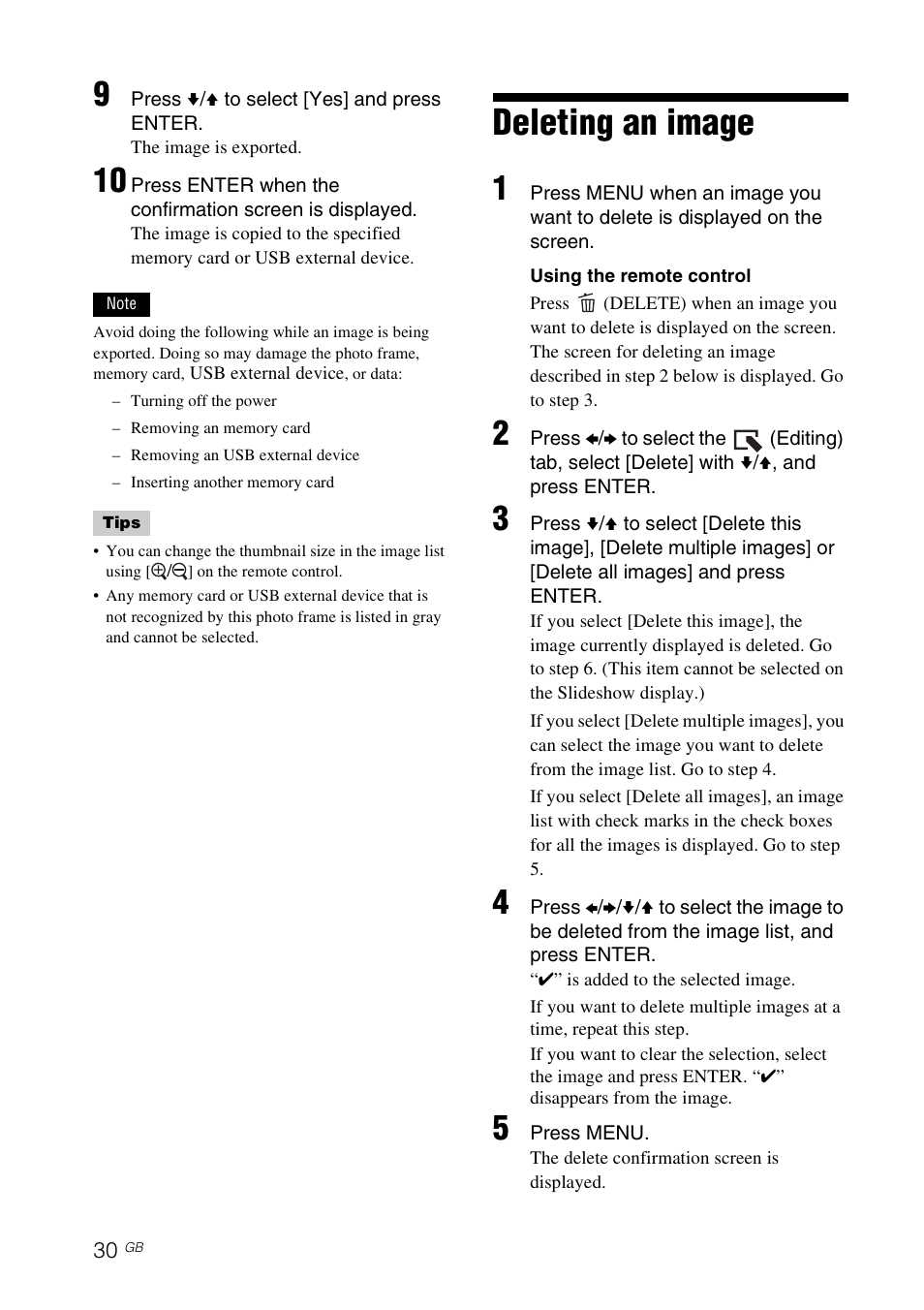 Deleting an image | Sony DPF-D830 User Manual | Page 30 / 54