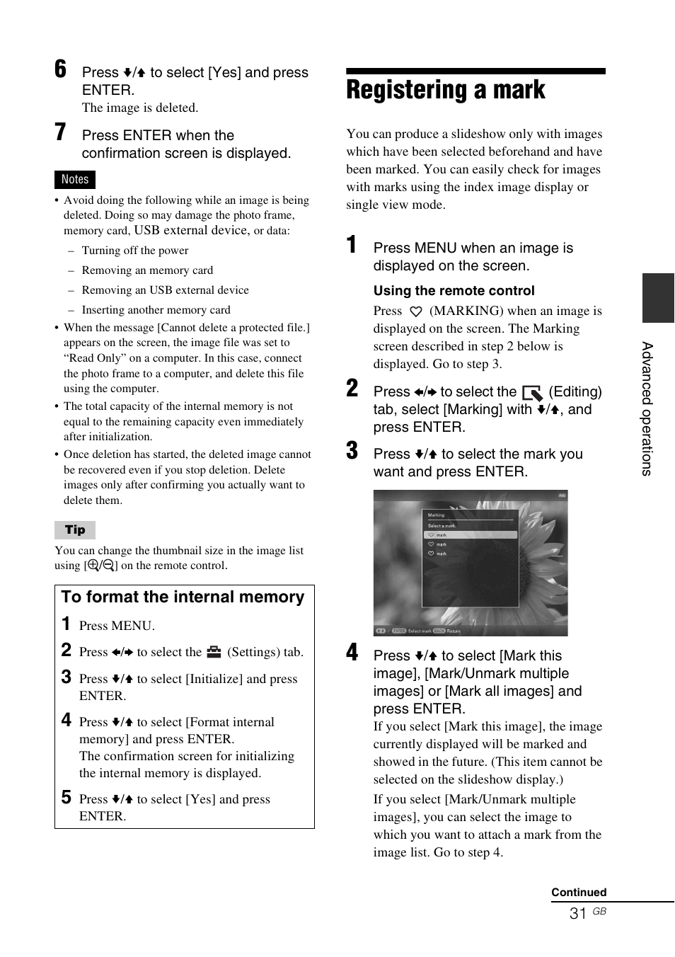 Registering a mark | Sony DPF-D830 User Manual | Page 31 / 54