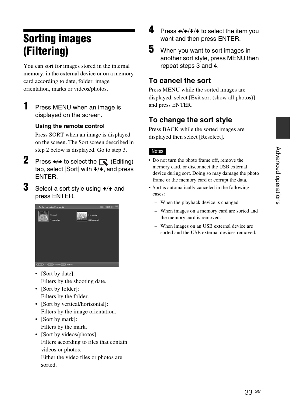 Sorting images (filtering) | Sony DPF-D830 User Manual | Page 33 / 54