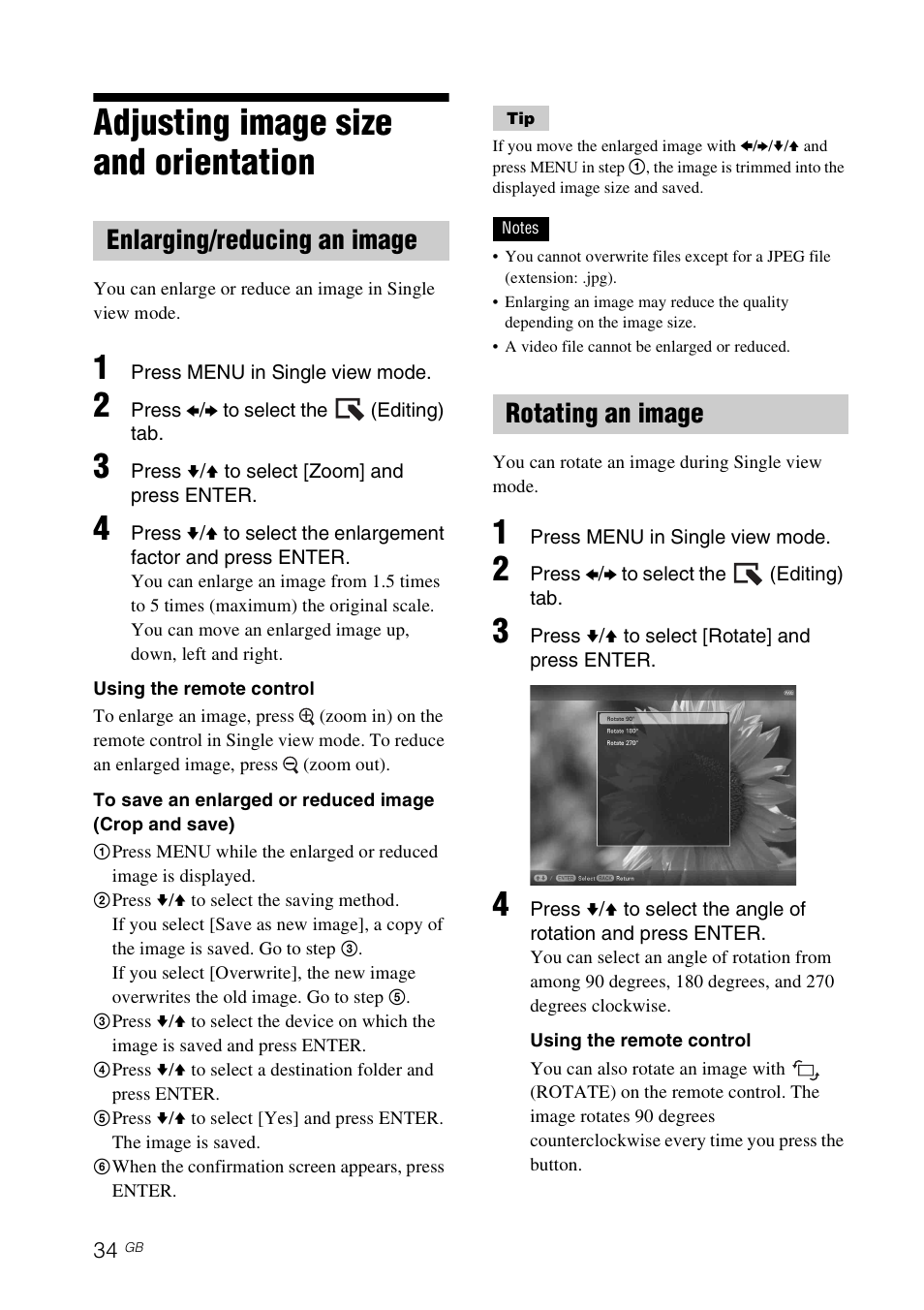 Adjusting image size and orientation, Enlarging/reducing an image, Rotating an image | Enlarging/reducing an image rotating an image | Sony DPF-D830 User Manual | Page 34 / 54