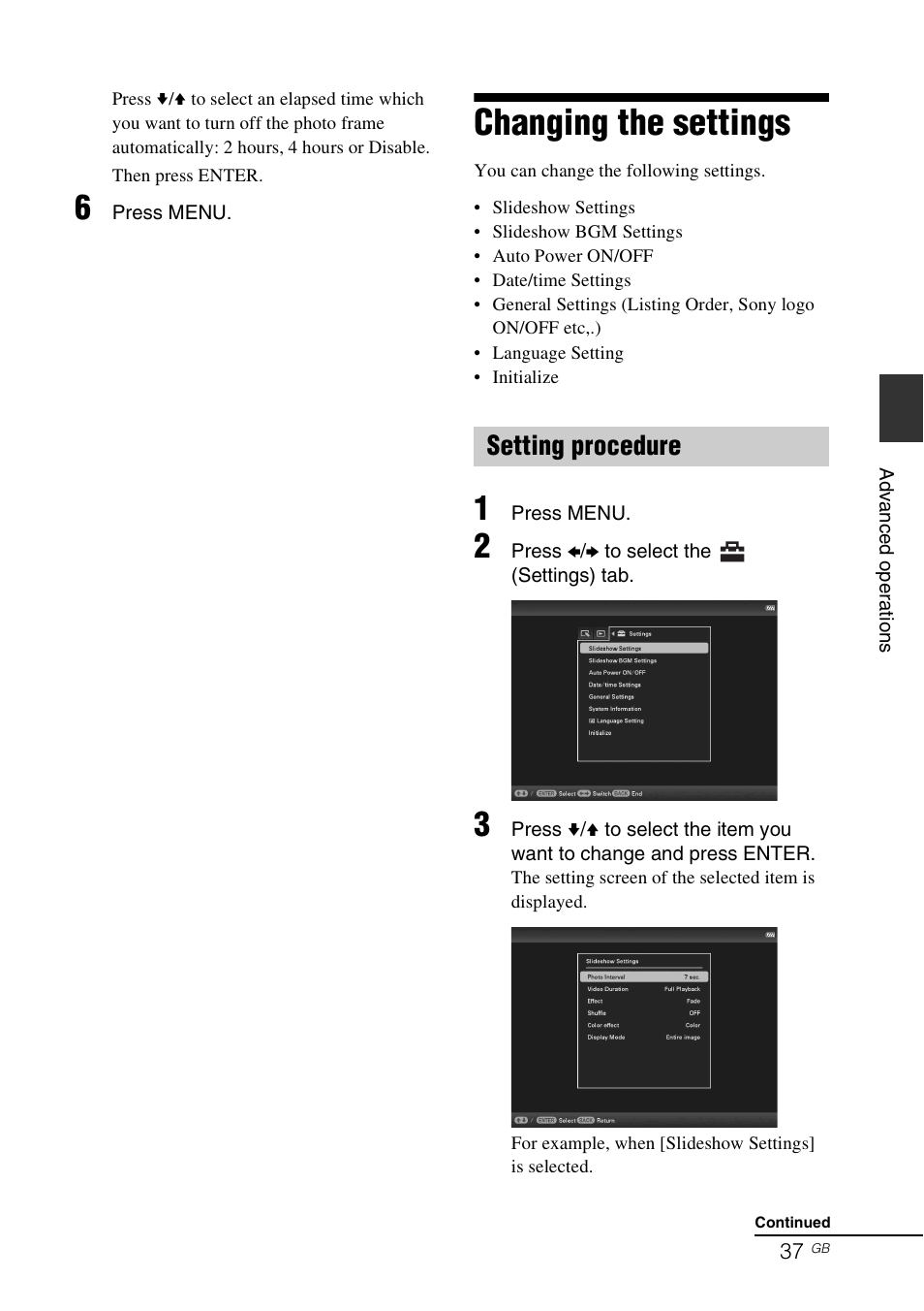 Changing the settings, Setting procedure | Sony DPF-D830 User Manual | Page 37 / 54