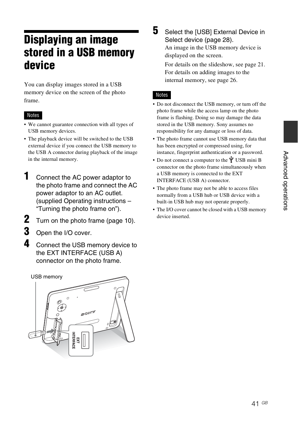 Displaying an image stored in a usb memory device | Sony DPF-D830 User Manual | Page 41 / 54