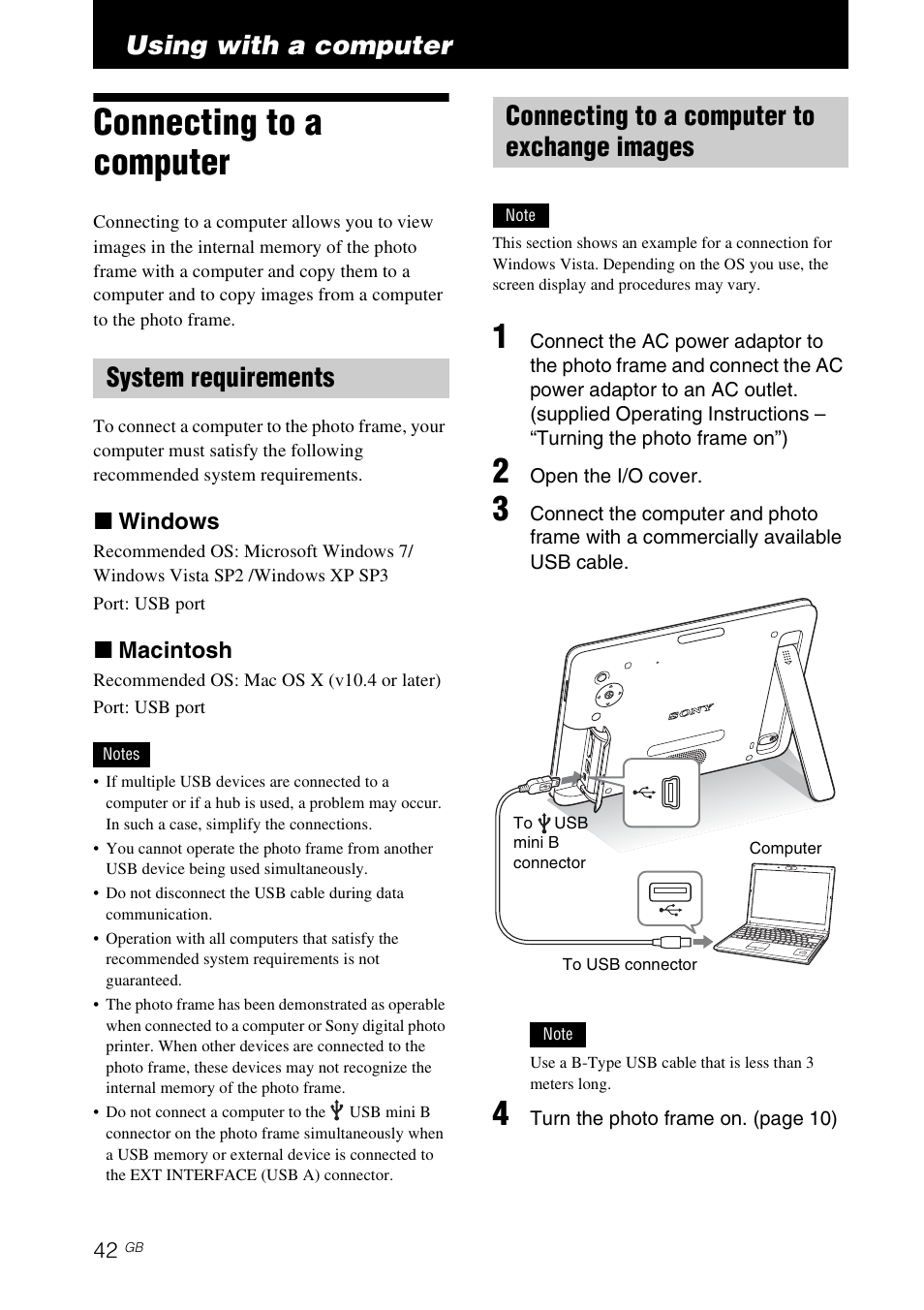Using with a computer, Connecting to a computer, System requirements | Connecting to a computer to exchange images | Sony DPF-D830 User Manual | Page 42 / 54