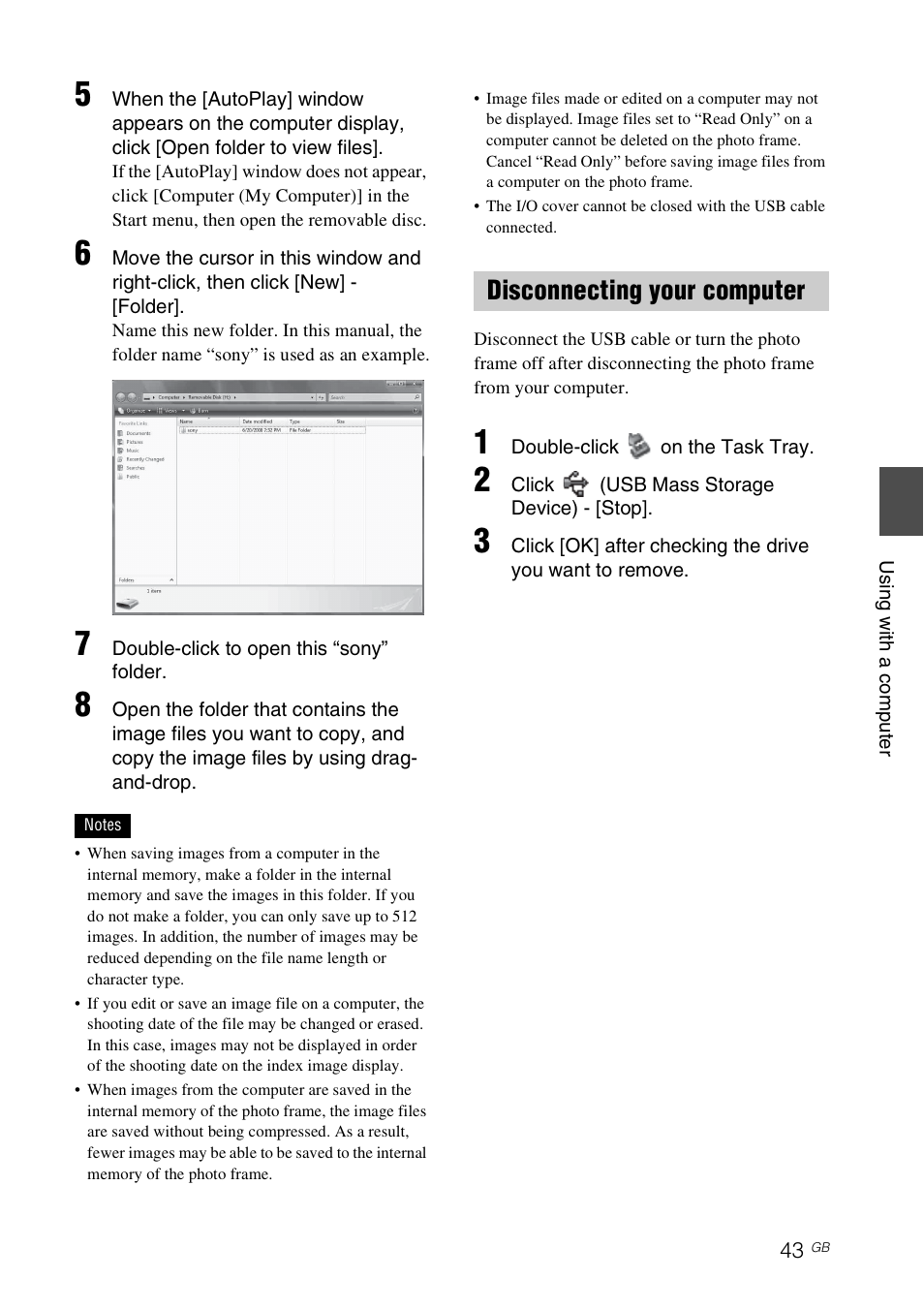Disconnecting your computer | Sony DPF-D830 User Manual | Page 43 / 54
