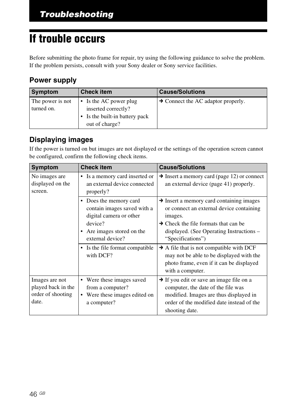 Troubleshooting, If trouble occurs | Sony DPF-D830 User Manual | Page 46 / 54