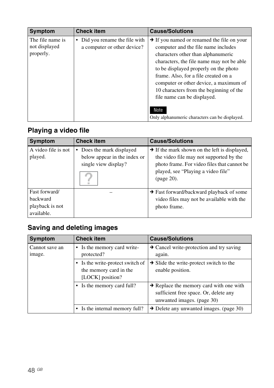 Playing a video file saving and deleting images | Sony DPF-D830 User Manual | Page 48 / 54
