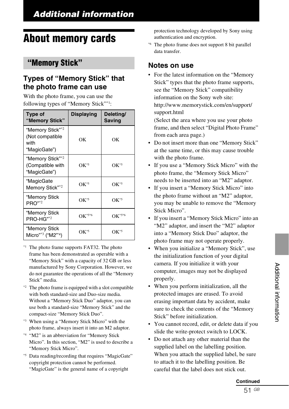 Additional information, About memory cards, Memory stick | Ad di tion al i n fo rm a tio n | Sony DPF-D830 User Manual | Page 51 / 54