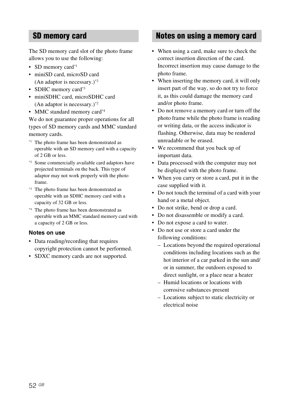 Sd memory card, Notes on using a memory card, Sd memory card notes on using a memory card | Sony DPF-D830 User Manual | Page 52 / 54
