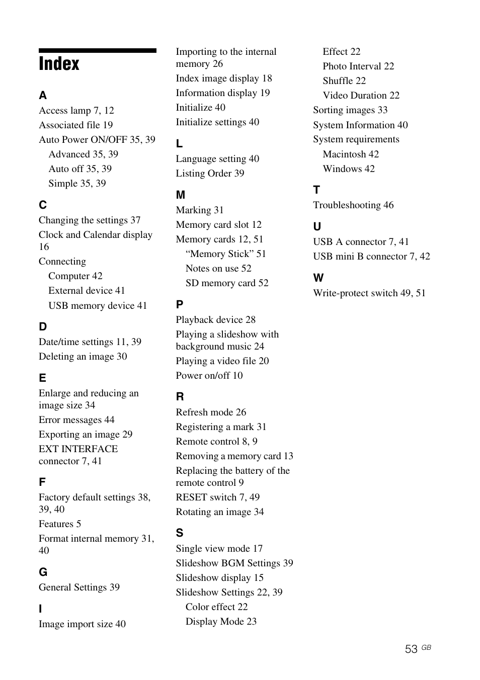 Index | Sony DPF-D830 User Manual | Page 53 / 54