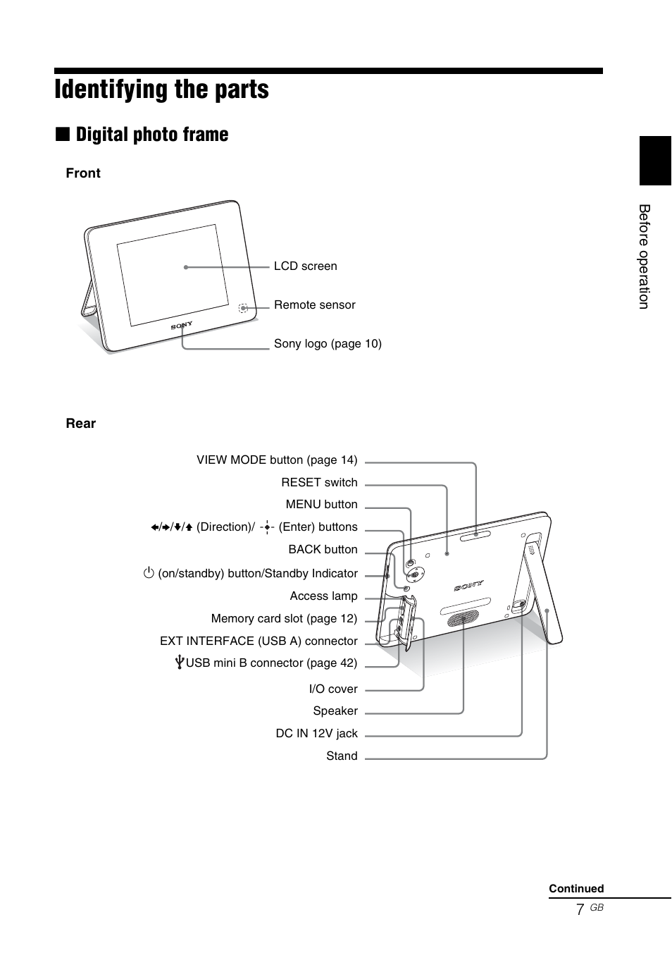 Identifying the parts, Digital photo frame, Xdigital photo frame | Sony DPF-D830 User Manual | Page 7 / 54