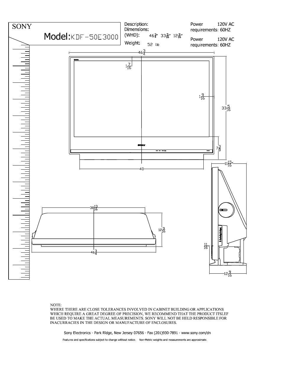 Sony KDF-50E3000 User Manual | 1 page