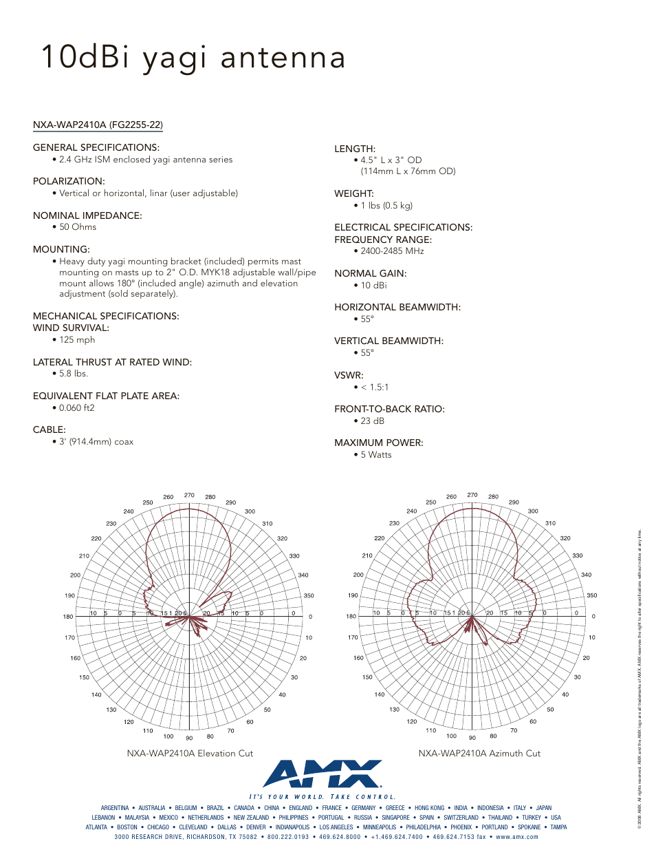 10dbi yagi antenna, Polarization, Nominal impedance | Mounting, Mechanical specifications: wind survival, Lateral thrust at rated wind, Equivalent flat plate area, Cable, Length, Weight | AMX 10dBi Yagi Antenna NXA-WAP2410A User Manual | Page 2 / 2