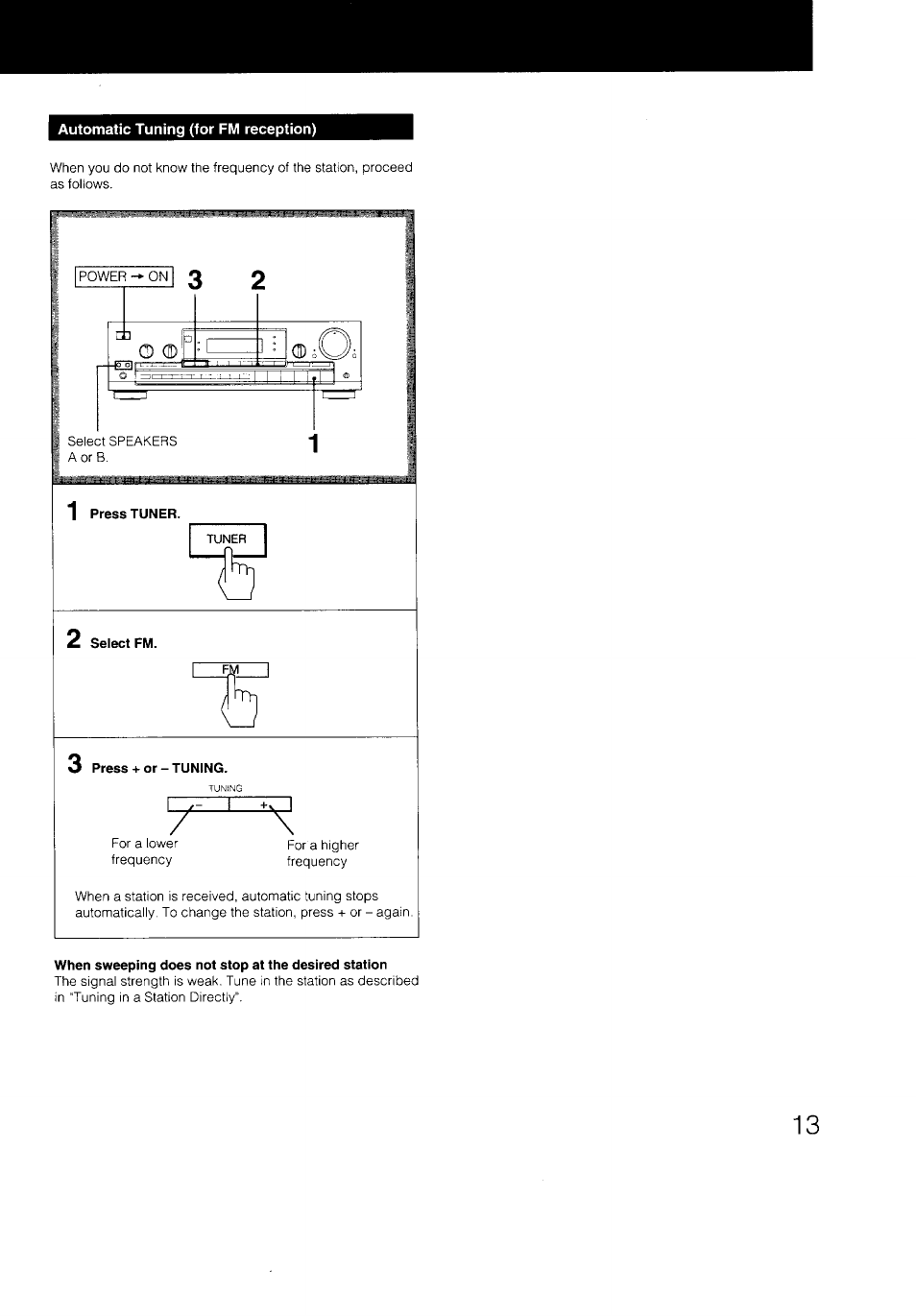Automatic tuning (for fm reception), When sweeping does not stop at the desired station | Sony STR-D590 User Manual | Page 13 / 23