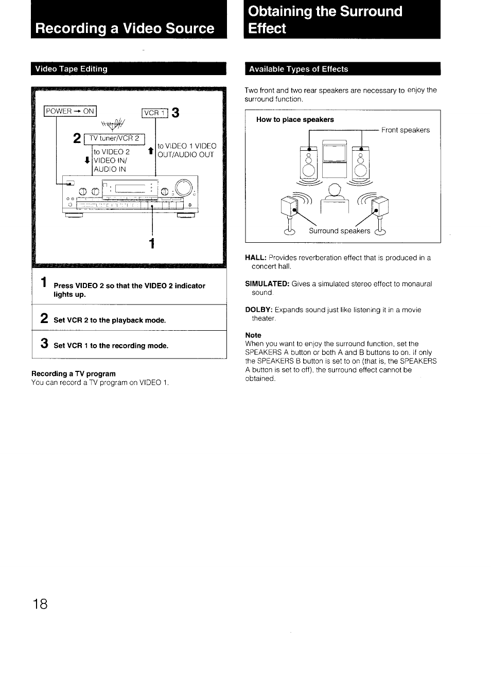 Available types of effects, Recording a tv program, Note | H ------' - © ;c, Obtaining the surround effect | Sony STR-D590 User Manual | Page 18 / 23