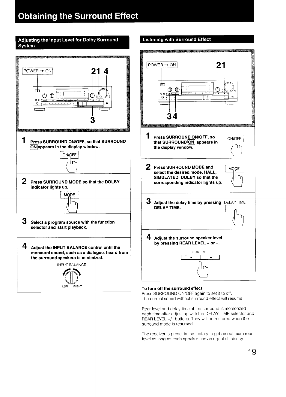 Obtaining the surround effect, To turn off the surround effect | Sony STR-D590 User Manual | Page 19 / 23