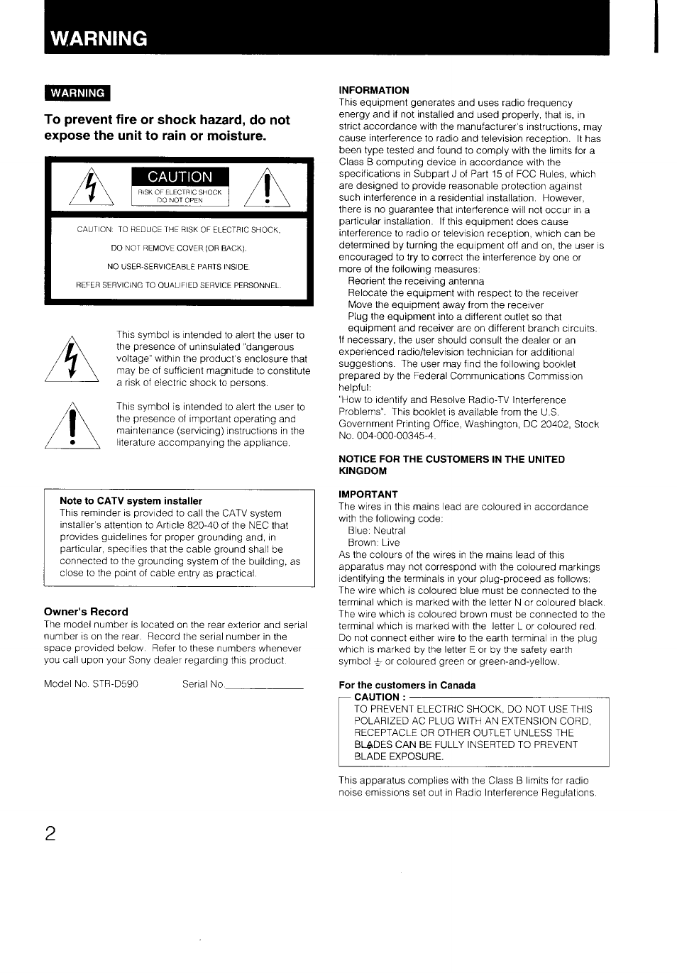 Warning, Owner's record, Caution | Sony STR-D590 User Manual | Page 2 / 23