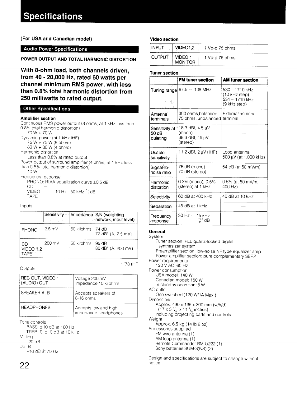 Specifications, For usa and canadian model), Audio power specifications | Power output and total harmonic distortion, Other specifications, Amplifier section, General | Sony STR-D590 User Manual | Page 22 / 23