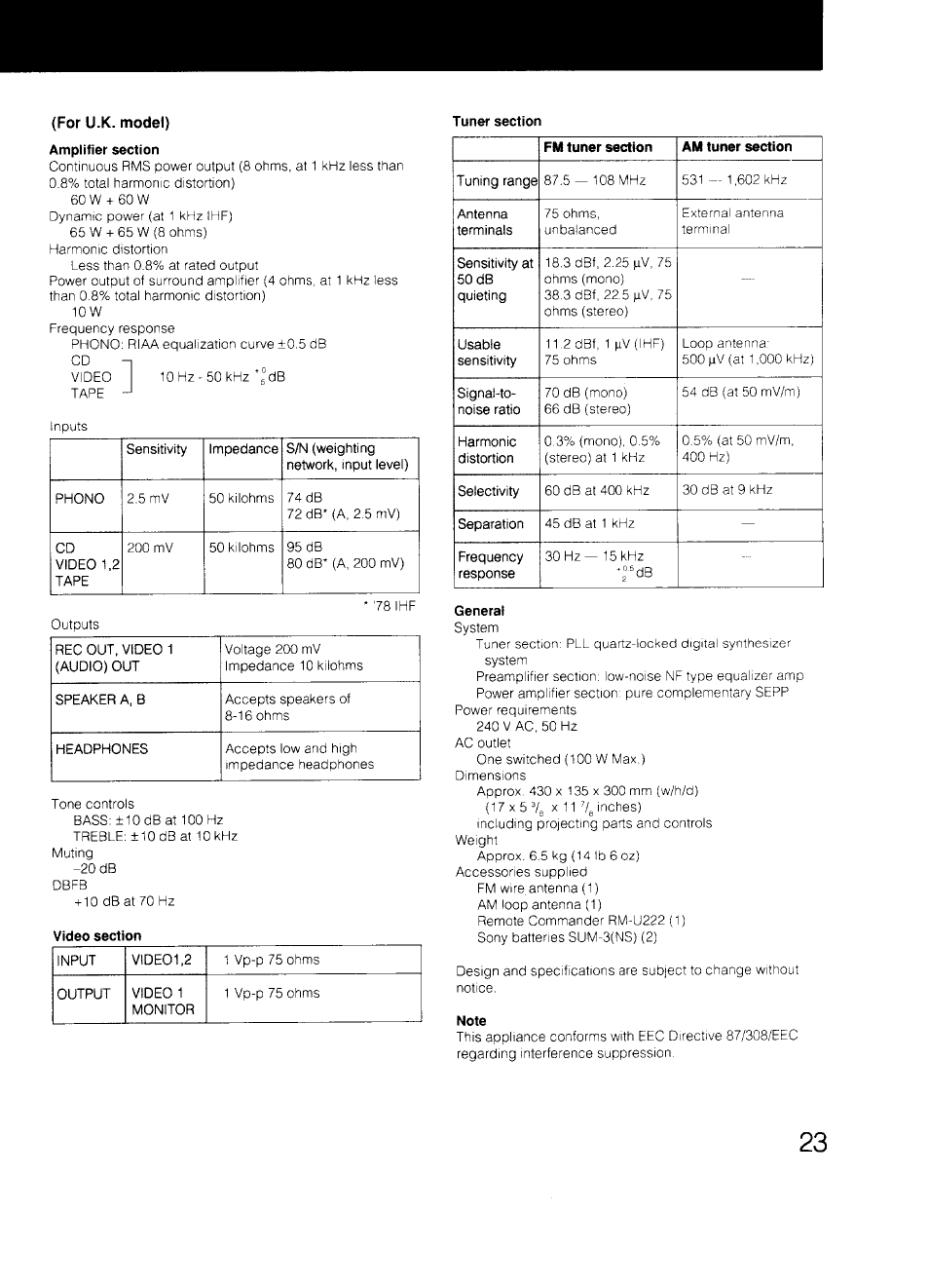 For u.k. model), Amplifier section, General | Note | Sony STR-D590 User Manual | Page 23 / 23