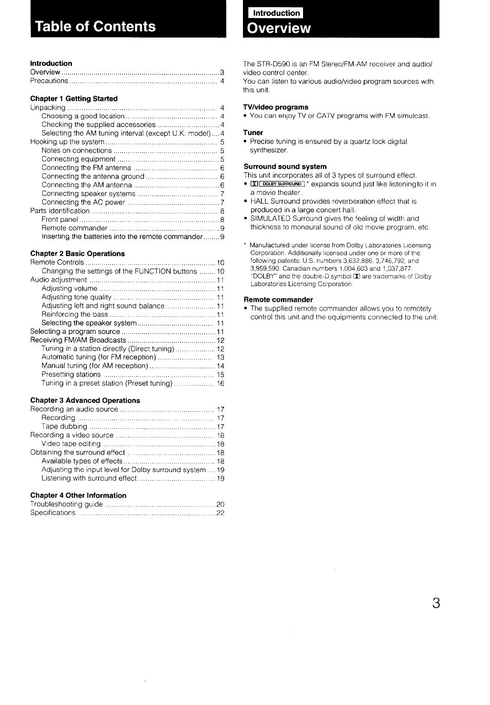 Table of contents overview | Sony STR-D590 User Manual | Page 3 / 23