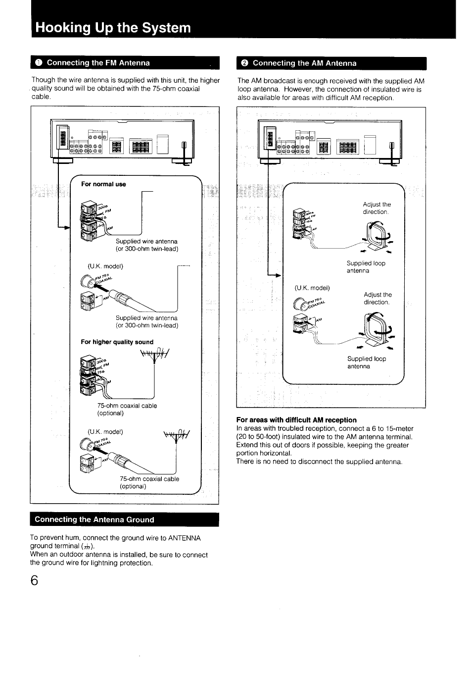 Hooking up the system, Connecting the fm antenna, Connecting the am antenna | For areas with difficult am reception, Connecting the antenna ground | Sony STR-D590 User Manual | Page 6 / 23