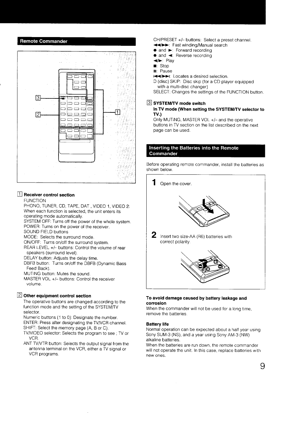 U receiver control section, 2] other equipment control section, 3] system/tv mode switch | Inserting the batteries into the remote commander, Battery life | Sony STR-D590 User Manual | Page 9 / 23