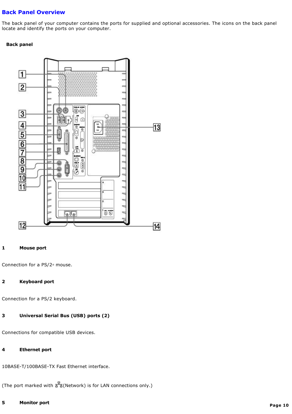 Back panel overview | Sony PCV-RX640 User Manual | Page 10 / 88