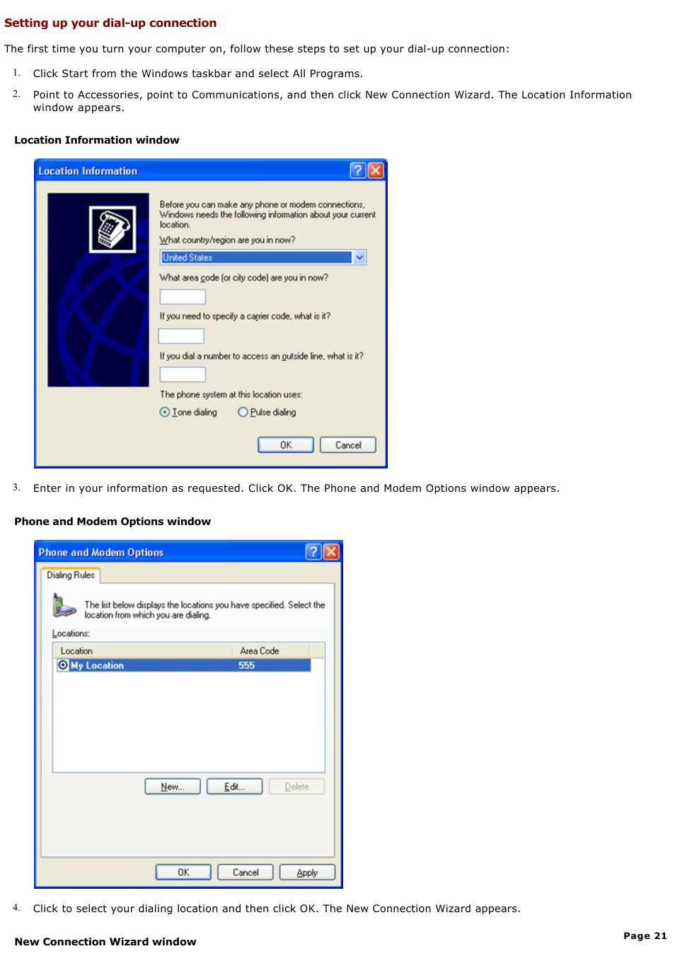 Setting up your dial-up connection | Sony PCV-RX640 User Manual | Page 21 / 88