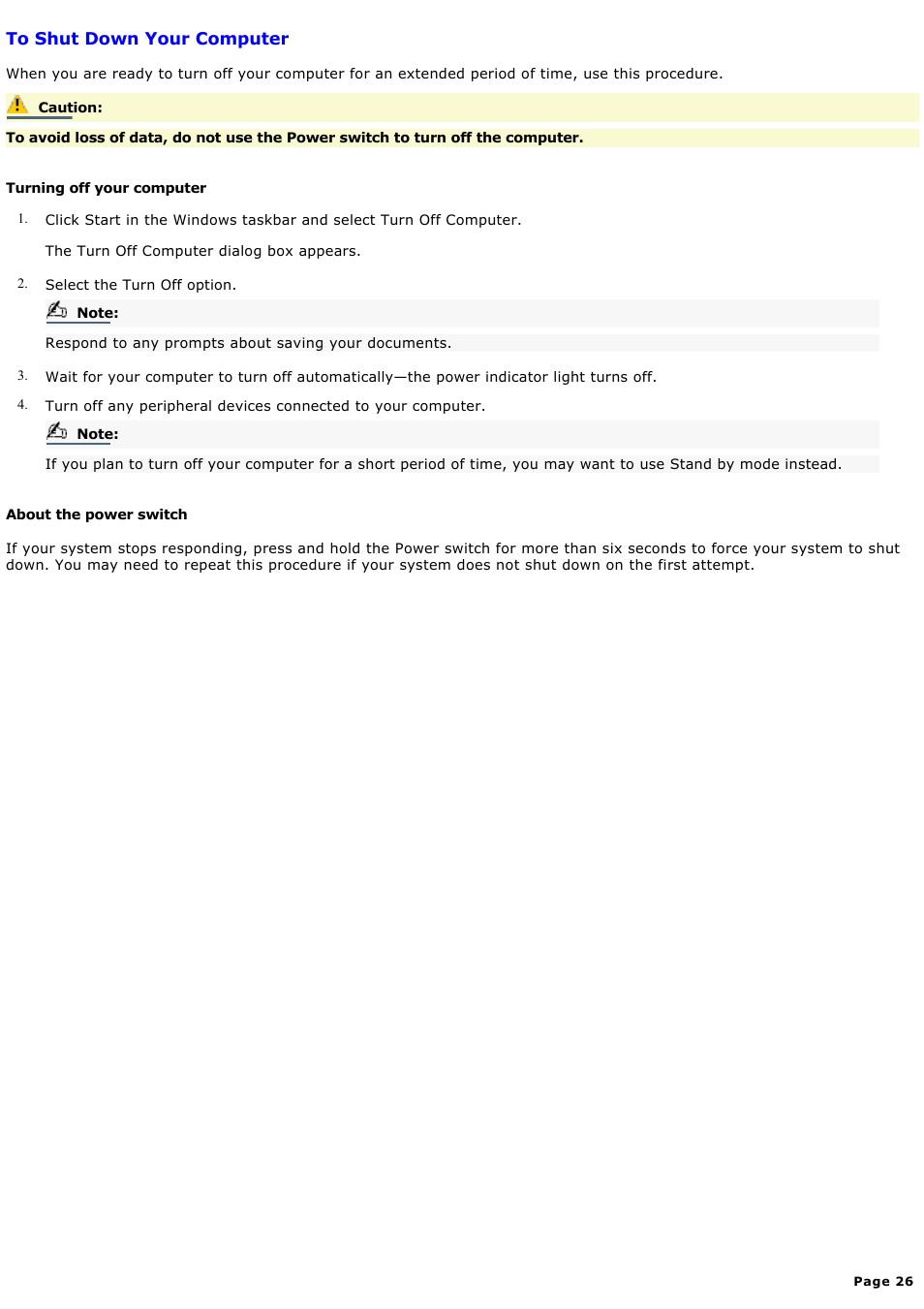 To shut down your computer | Sony PCV-RX640 User Manual | Page 26 / 88