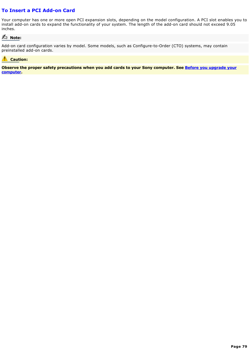 To insert a pci add-on card | Sony PCV-RX640 User Manual | Page 79 / 88