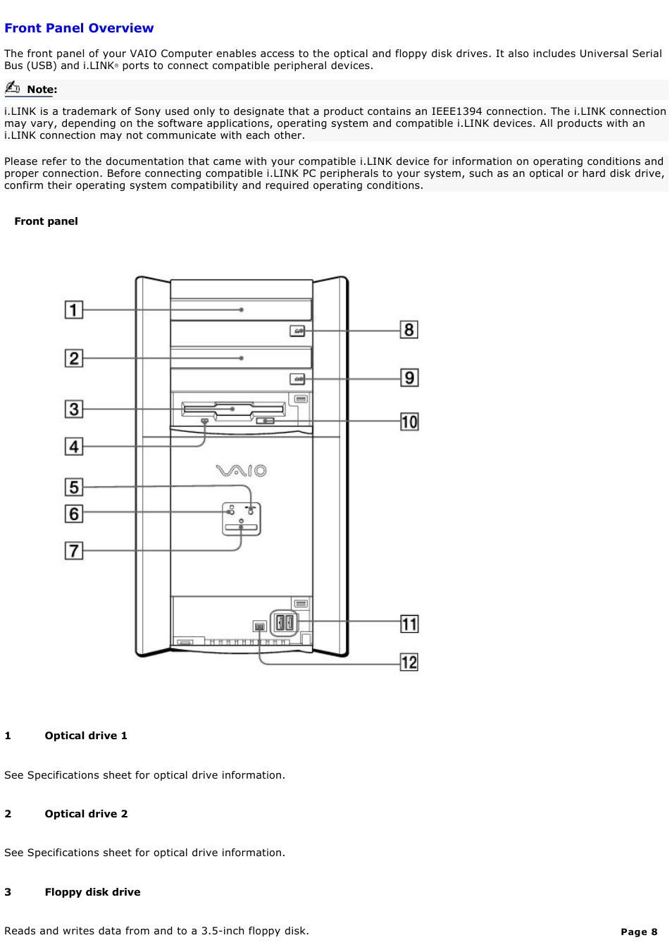 Front panel overview | Sony PCV-RX640 User Manual | Page 8 / 88