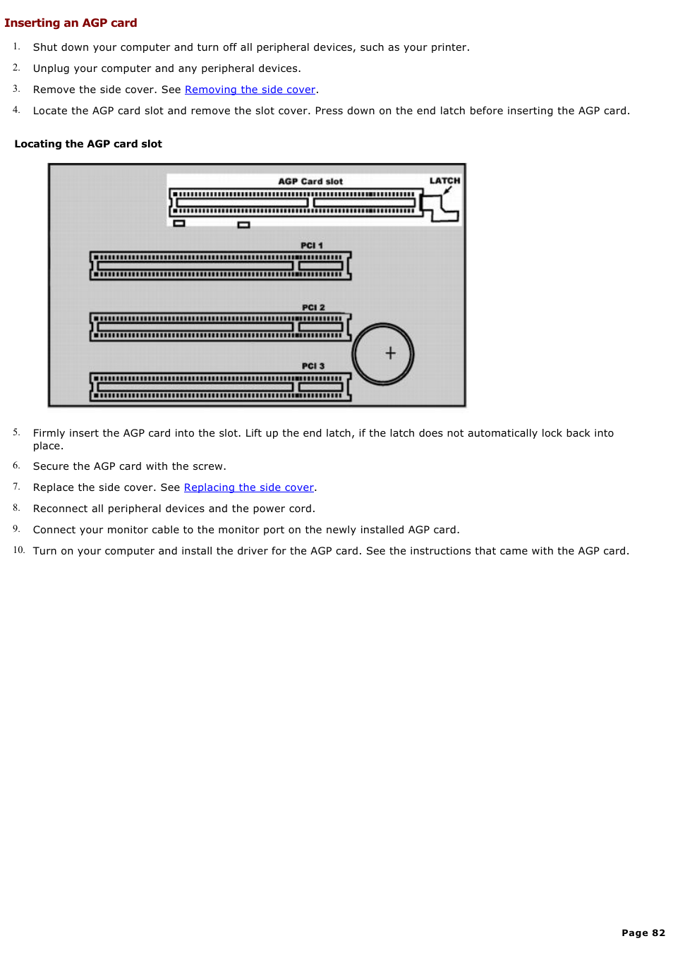 Inserting an agp card | Sony PCV-RX640 User Manual | Page 82 / 88