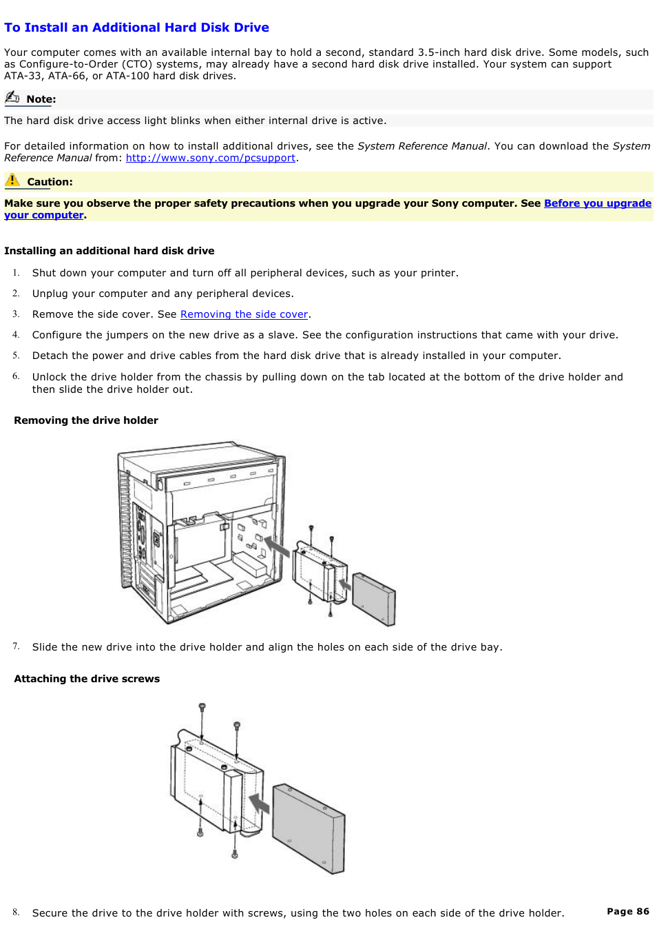 To install an additional hard disk drive | Sony PCV-RX640 User Manual | Page 86 / 88